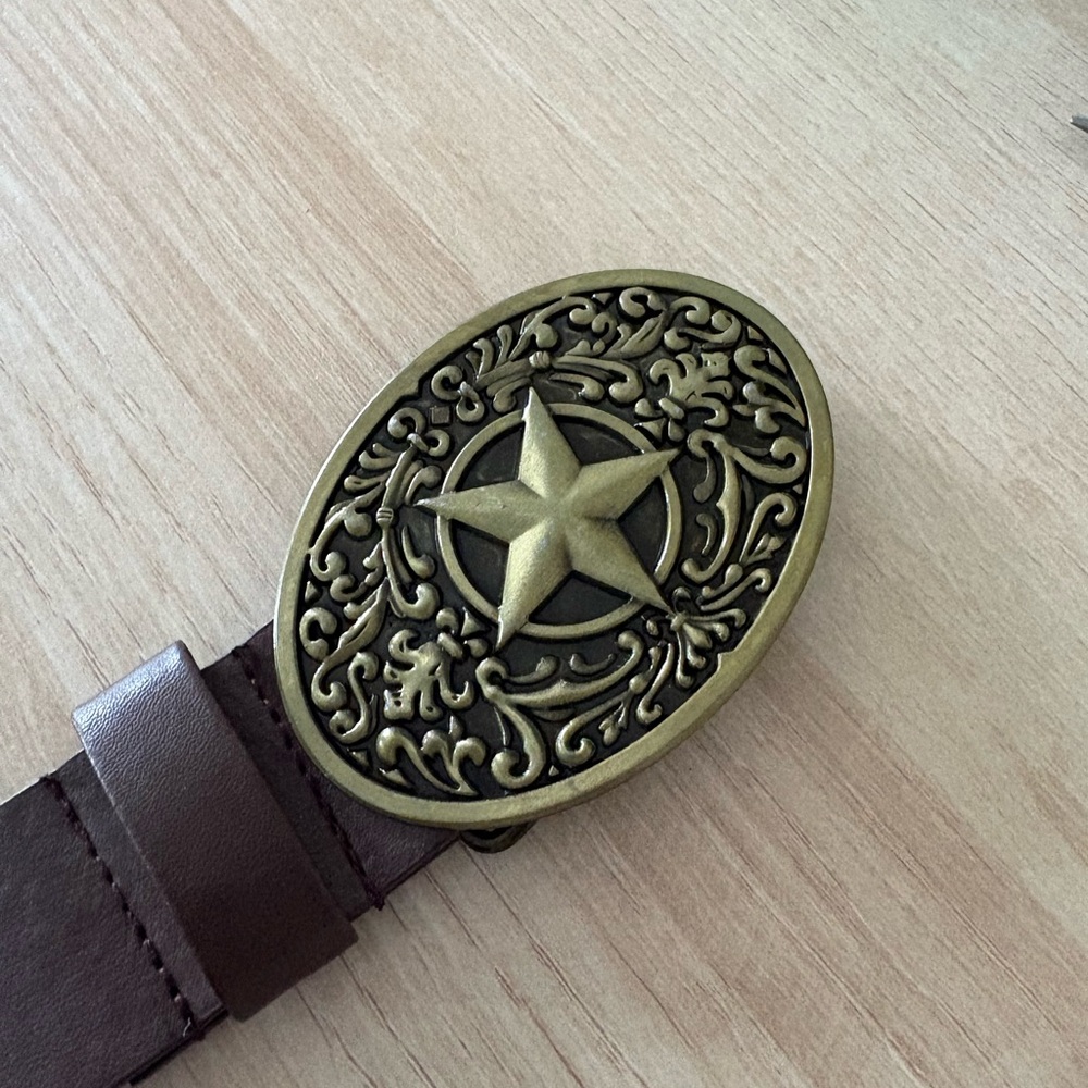 Brown Leather Belt with Gold Star Buckle